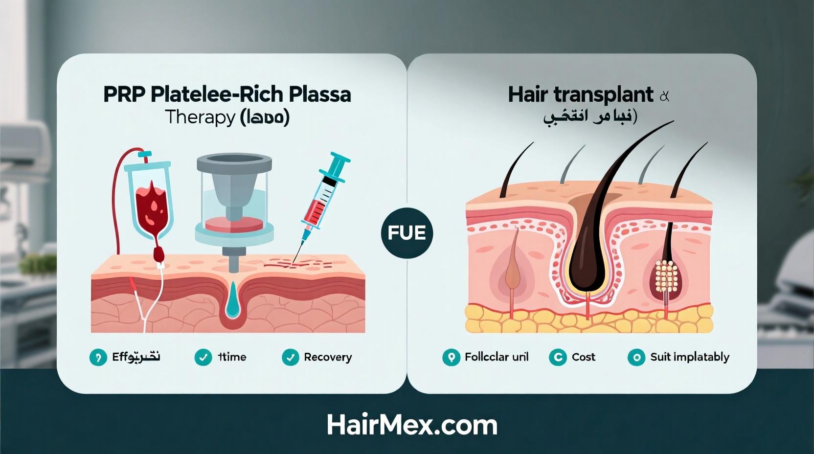 A before-and-after image showcasing impressive hair regrowth results from a PRP hair treatment and a hair transplant.