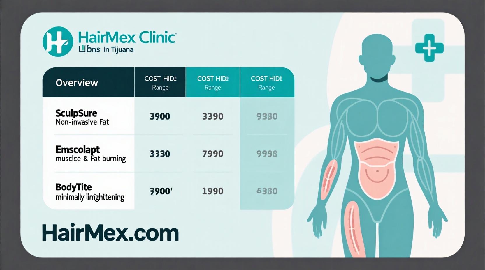 A before-and-after image showcasing the transformative results of body contouring treatments at HairMex Clinic.